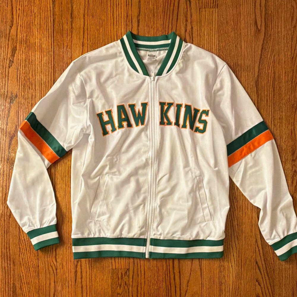 Netflix Stranger Things Hawkins Varsity Zip Jacket, White/Green/Orange, Sz M